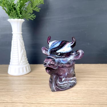 Purple slag glass bull or cow head covered box - vintage decor 