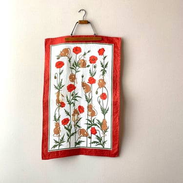 Mice at Play vintage tea towel - Ulster pure Irish linen graphic red orange poppies 