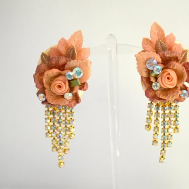 1980s Rose and Rhinestone Clip Earrings 