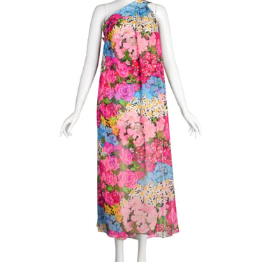 Pauline Trigere Vintage Late 1960s Pink Floral Silk One Shoulder Dress