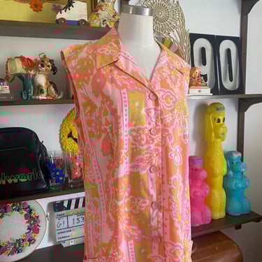 Vintage 60s Psychedelic Day Glo Daisy Dropwaist Scooter Dress Abstract Floral & Geometric Print; Vintage 60s Electric Pink Neon Shift Dress 