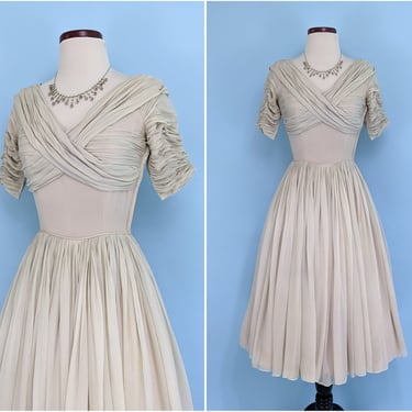 Vintage 1950s Elegant Gray Silk Chiffon Evening Gown, Vintage 50s Grace Kelly Tea Length Cocktail Party Prom Dress 
