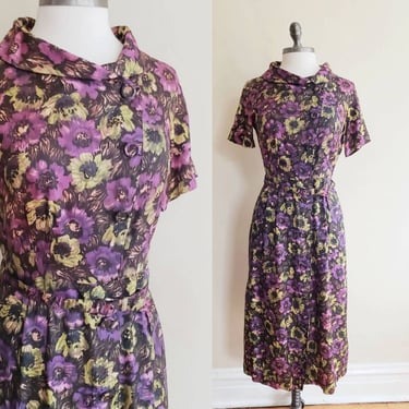 1950s Fashion First Purple Floral Print  Rayon Dress Matching Belt / 50s Short Sleeved Shirt Dress Multicolored / M / Gabina 