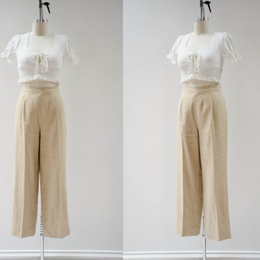 high waisted pants | 90s y2k vintage neutral beige linen wide leg dark academia sailor style trousers 