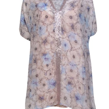 One September - Light Blue & Pink Floral Print Tunic w/ Sequin Trim Sz S