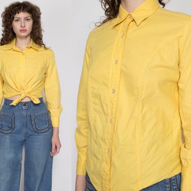 Medium 70s Yellow Swiss Dot Top Petite | Retro Vintage Button Up Polka Dot Collared Shirt 