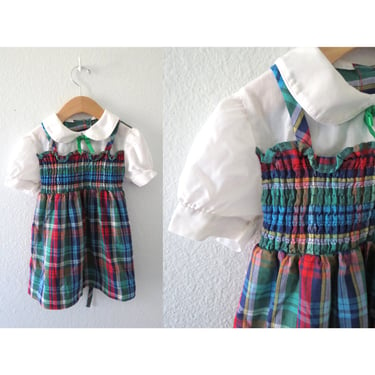 Vintage Girls Dress - Toddler Girl Plaid Collared Dress - Retro Smocked Dress - Size 2T 