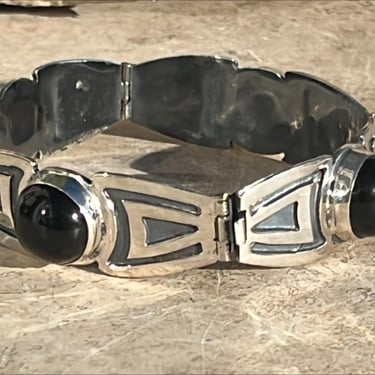 Vintage Mexican Sterling Silver and Black Onyx Wide 4 Panel Bracelet 