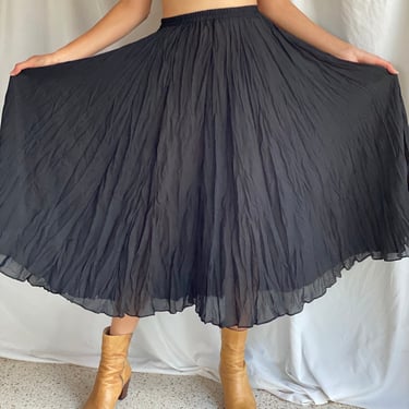 Vintage Midi Skirt / Crinkle Rayon Skirt from the 90's / Semi Sheer Black Midi Skirt / Elastic Waistband Nineties Skirt 