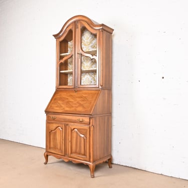Baker Furniture Style French Provincial Louis XV Carved Walnut Drop Front Secretary Desk With Bookcase Hutch