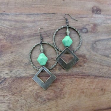 Hammered bronze hoop earrings, Bohemian boho earrings, green stone, unique artisan earrings, mid century 