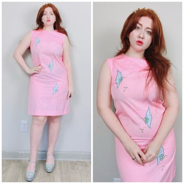 1960s Vintage Pink Pastel Butterfly Dress / 60s Sixties Cotton Novelty Applique Shift Dress / Large 