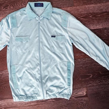 70's Blue Track Jacket Disco era 1980's Zipper Front Corduroy Polyester Men's Unisex 1970's David Bowie style Vintage Hippie Boho 
