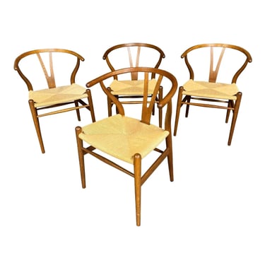 Set of 4 Vintage Danish Mid Century Modern Oak Wishbone Ch24 Dining Chairs by Hans Wegner 