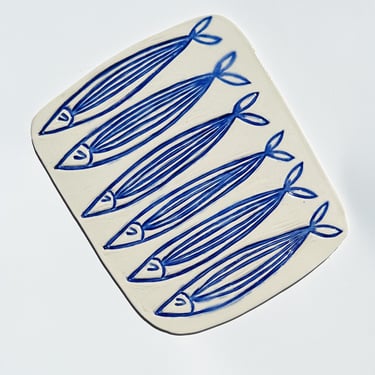 ceramic serving tray. sardines 02. cheese board or serving dish. glazed stoneware. 11 inch serving platter. 