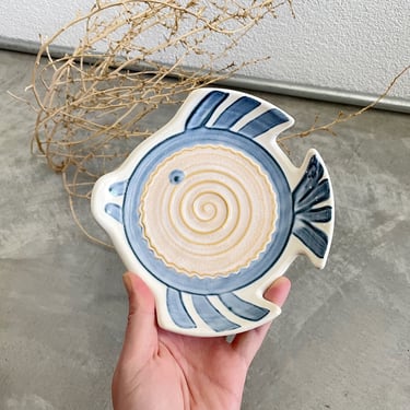 Vintage Handmade Art Pottery Fish Dish | Ceramic Fish Bowl | Coastal Decor | Blue and Orange Fish 