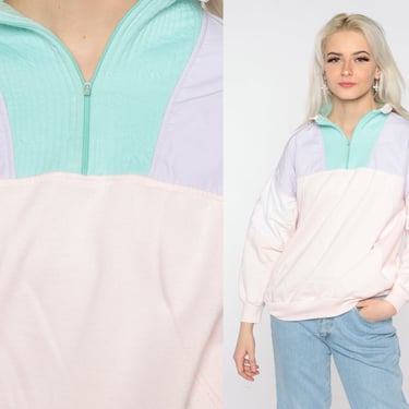 Color Block Sweatshirt 80s Pastel Quarter Zip Up Sweatshirt Retro Slouchy Pink Purple Blue 90s Vintage Loungewear Large L 
