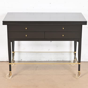 Paul McCobb for Directional Mid-Century Modern Black Lacquered Flip Top Server Bar Cart, Newly Refinished