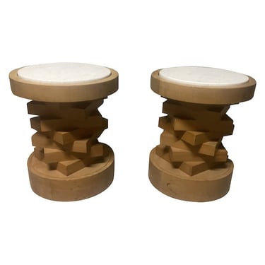 Pair of Marble & Stacked Wood Side Tables, 1970’s