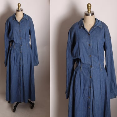 1980s Blue Denim Long Sleeved Button Up Western Style Bedazzled Dress by Tickets California -L 