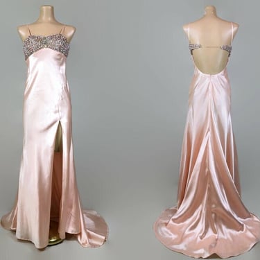 VINTAGE 90s Pink Liquid Satin Old Hollywood Formal Dress with Train Sz 0 XS | 1990s Custom Made Gemstone Embellished Open Back  Gown | VFG 