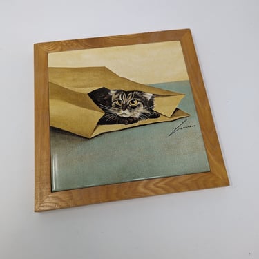 Vintage Lowell Herrero 1982 Framed Cat In Paper Bag Tile Wall Hanging 