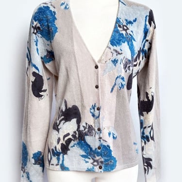 MINT Neiman Marcus 100% Cashmere Cardigan Sweater Beige Blue Gray Print 