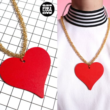 Groovy Vintage 70s 80s Chunky Gold Chain Pendant Necklace with Red Wood Heart Pendant 