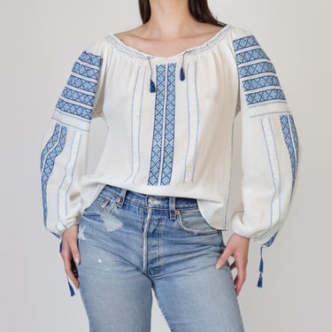 Hand embroidered Romanian folk blouse with blue embroidery