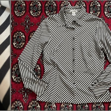 Vintage ‘90s black & cream striped blouse | bias cut diagonal stripe top, S 
