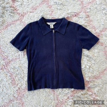 Vintage 90s Navy Knit Zip Front Polo Small 