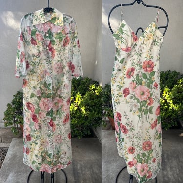 Vintage 70s maxi dress with chiffon coat floral Sz XS 