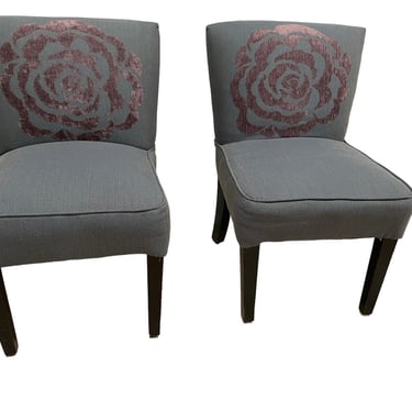 Pair Grey Side Chairs w Rose Embroidery LY200-3