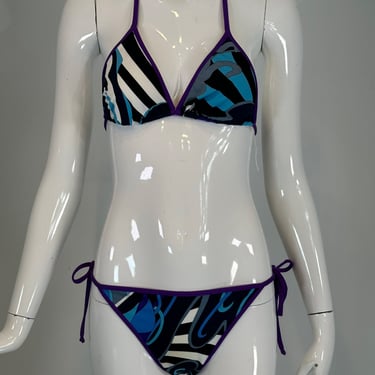 Emilio Pucci Purple Black White Blue &amp; Grey Print 2 Piece String Bikini 44