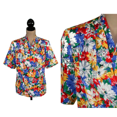 80s Colorful Polyester Blouse, Short Sleeve Floral Satin Brocade, Vibrant Shirt Jacquard Top, 1980s Clothes Women, Vintage LAURA & JAYNE 
