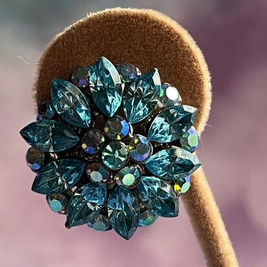 blue jeweled earrings 1950s glittery flower clip-ons 