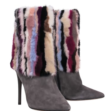 Brian Atwood - Grey Suede Pointed Toe Boots w/ Multicolored Fur Sz 7.5