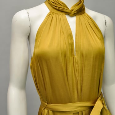 vintage Y2K mustard yellow silk sleeveless halter maxi dress S-L 