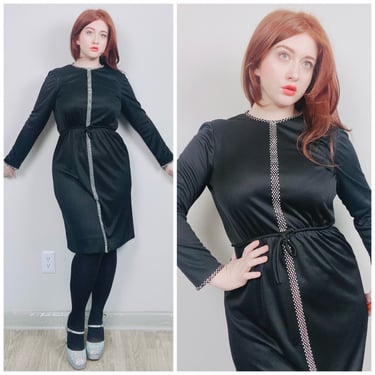 1960s Vintage Black Polyester Knit Wiggle Dress / 60s / Sixties Rhinestone Trim Belted Dress / Size Large 
