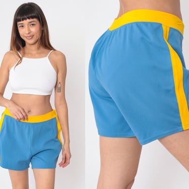 70s Running Shorts Blue Yellow Striped Gym Shorts High Waisted Side Snap Jogging Hotpants Vintage 1970s Speedline Basketball Shorts Large 34 