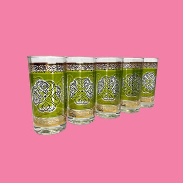 Vintage Drinking Glasses 1960s Mid Century Modern + Set of 5 + Highball + Cocktail + Green + Gold + Medallion + MCM + Home and Bar Decor 