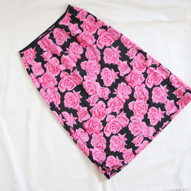 Vintage 2000s Pink Black Rose Print Elastic Waist Skirt S - Y2K Girly Cute Pencil Midi Length Skirt 