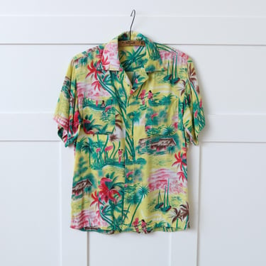 mens vintage rayon Hawiian shirt • palm trees figural yellow & pink tiki torch tropical shirt 