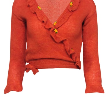 Tach - Burnt Orange Bell Sleeve Ruffled Cropped Wrap Sweater Sz XS