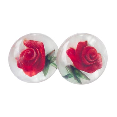 Vintage 1950s Red Rose Lucite Domed Earrings 