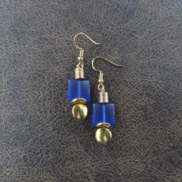 Gold and blue frosted glass earrings 