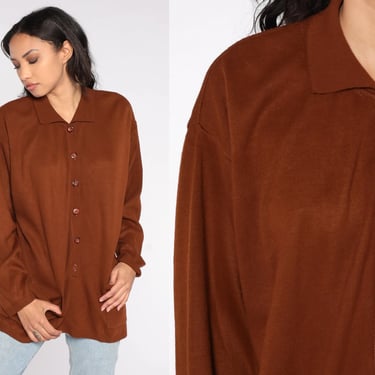 90s Grunge Sweater Brown Collared Knit Shirt Button Up Pullover Grandpa Slouchy Vintage Plain Pockets 1990s Retro Oversized Extra Large xl 