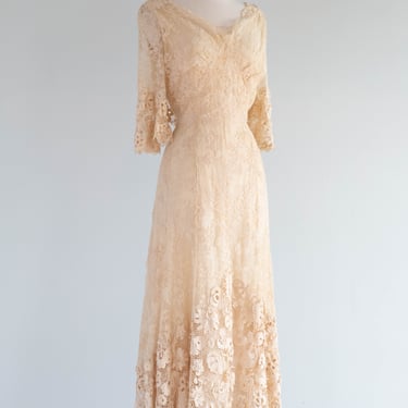 Extraordinary Antique Edwardian Wedding Gown With Irish Crochet & Lace / S