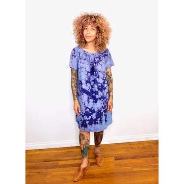 Over Dye Cotton Dress // vintage boho hippie blue tie dye hippy 70s grunge // O/S 