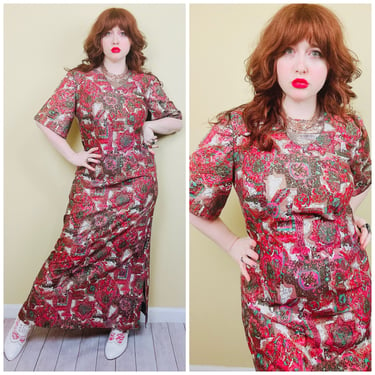 1970s Vintage Pink and Gold Abstract Print Dress / 70s Flared Sleeve Cotton Maxi Dress / Size XL 